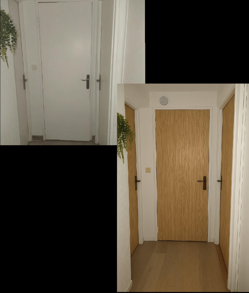 Avant et après rénovation d’une porte intérieure blanche avec un revêtement Cover Styl effet bois.