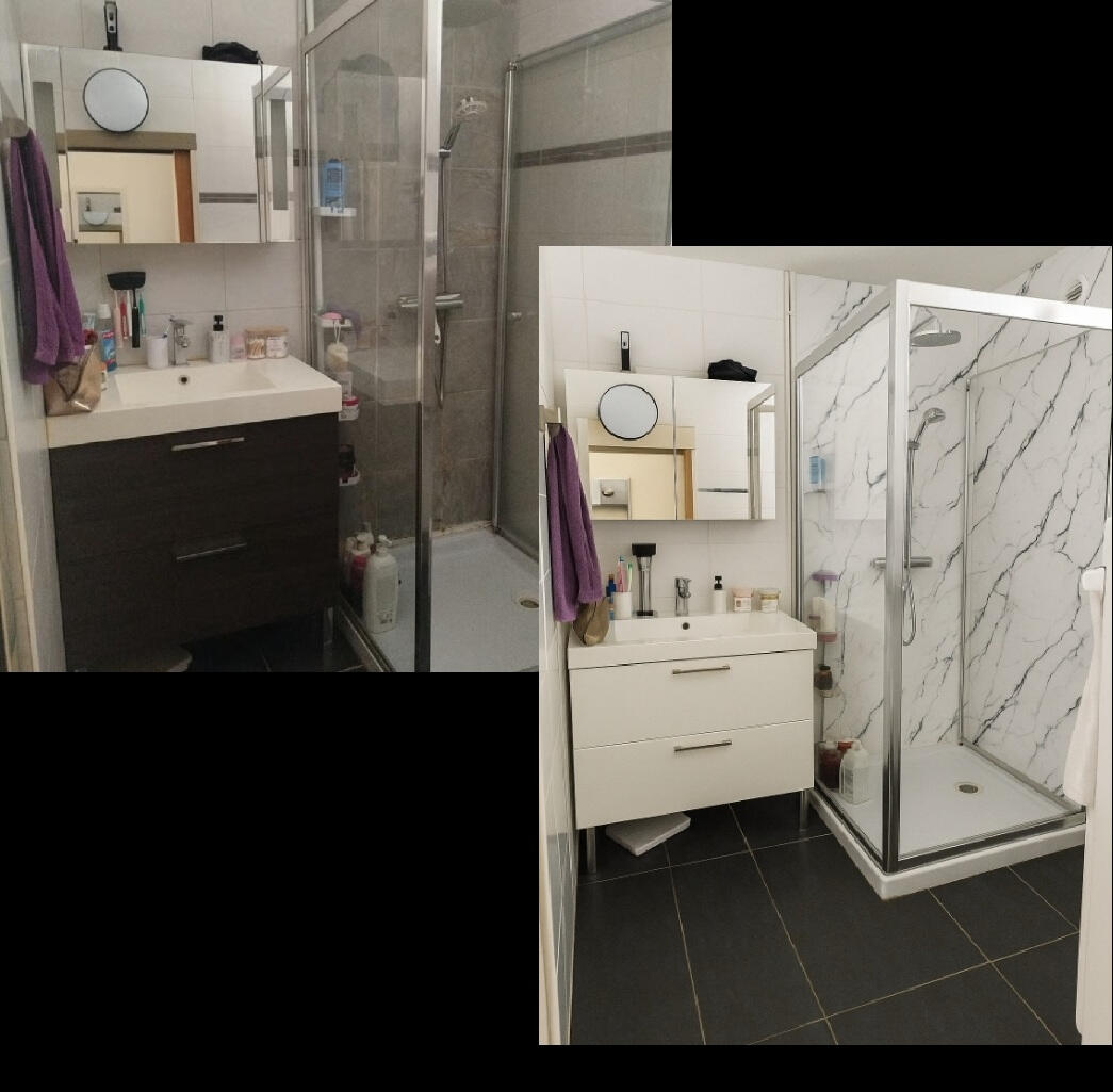 Avant et après rénovation d’une salle de bains avec un meuble vasque clair et un revêtement Cover Styl effet marbre.